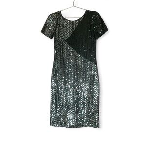 Vintage 80s Black & Silver Sequin Colorblock Mini Dress – Retro Glam Party